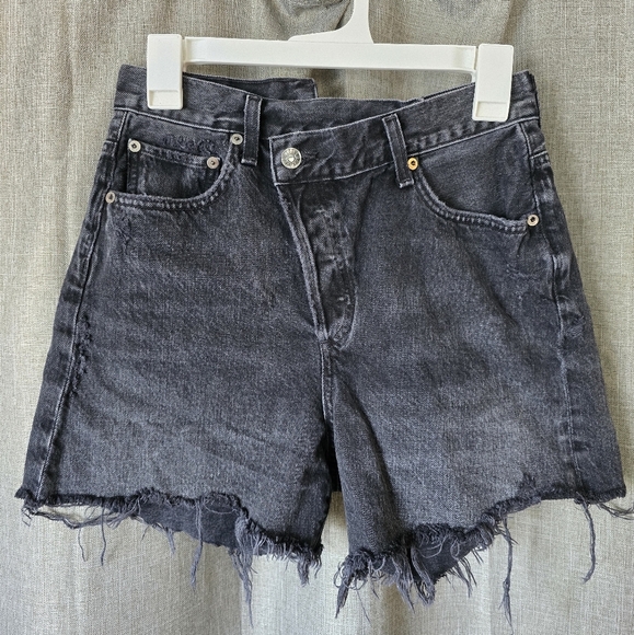 Agolde Criss Cross Shorts Black Denim Asymmetrical Women's Size 26 4" Inseam